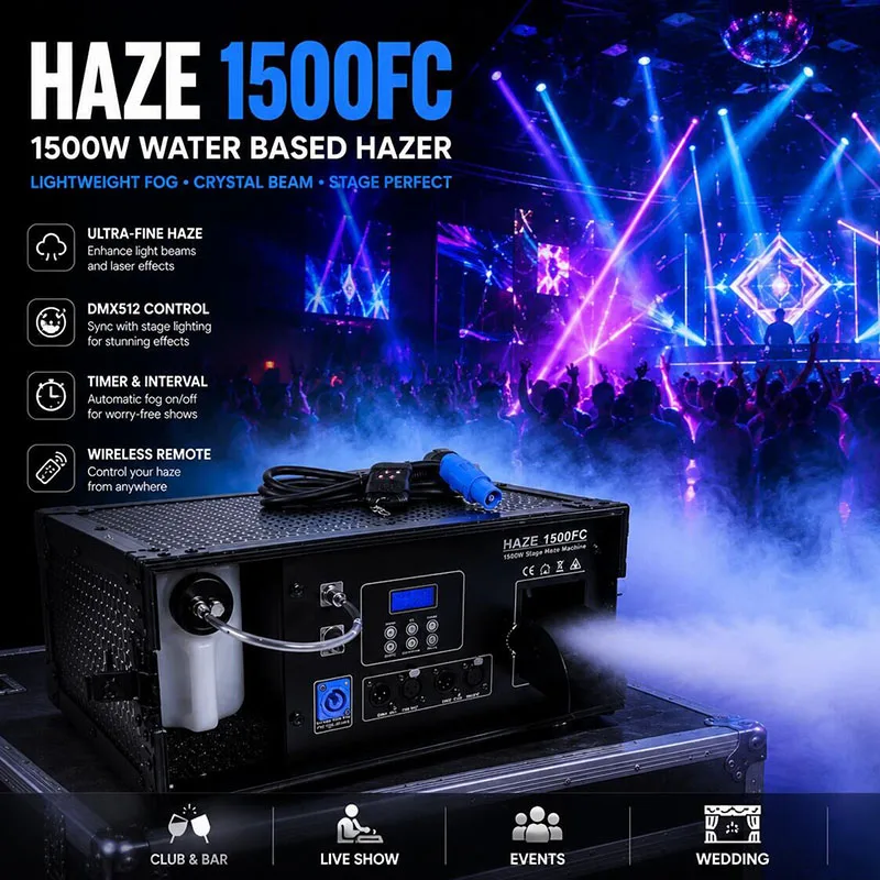 1500W Portable Water Based Hazer Morning Fog Machine Black Flight Case DMX for Stage DJ Night Club Bar Disco