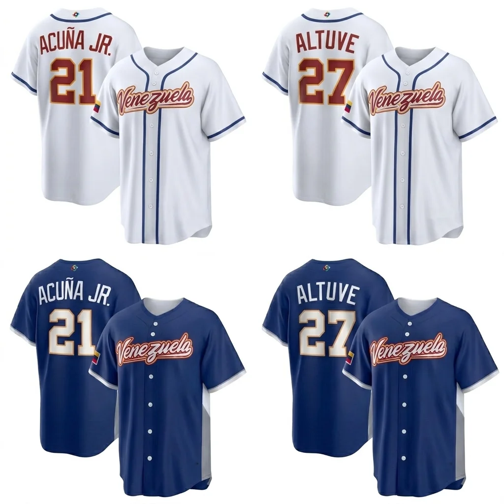 Camisa de Beisebol WBC Venezuela 2026 3D Impressa - Ronald Acuña Jr. # 21 Jose Altuve # 27 camisas esportivas de beisebol personalizadas para homens e crianças