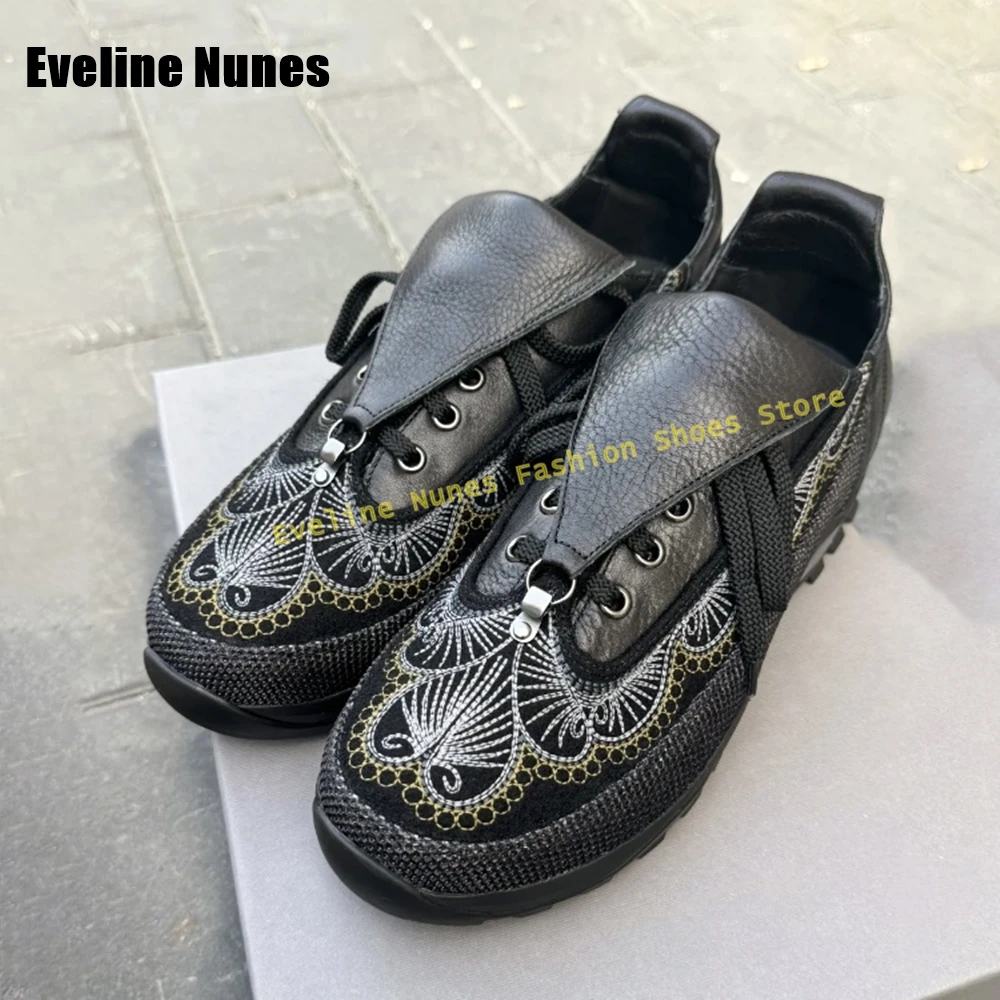 

Embroidery Carving Lace-Up Casual Pumps Round Toe Thick Sole Turned-Over Edge Patchwork Women Retro Shoes 2025 Spring New Style