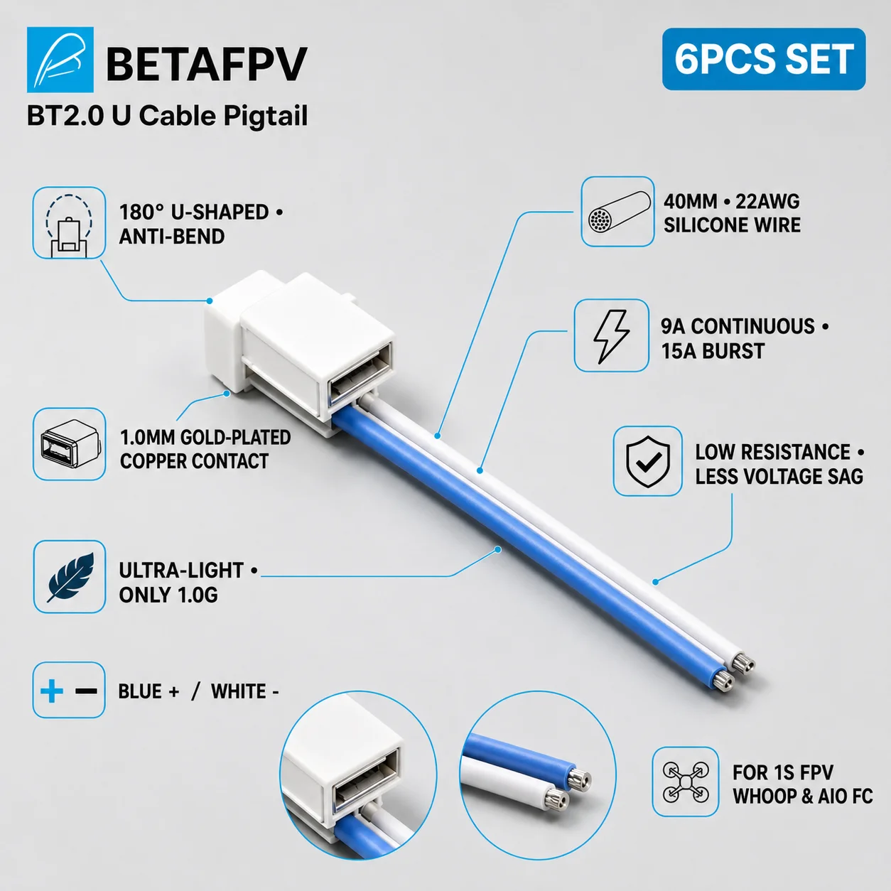 BETAFPV BT2.0 U Cable Pigtail 6PCS 40mm 22AWG High Current Male Connector for DIY 1S FPV Micro Whoop Drone PH2.0 Upgrade FC Part
