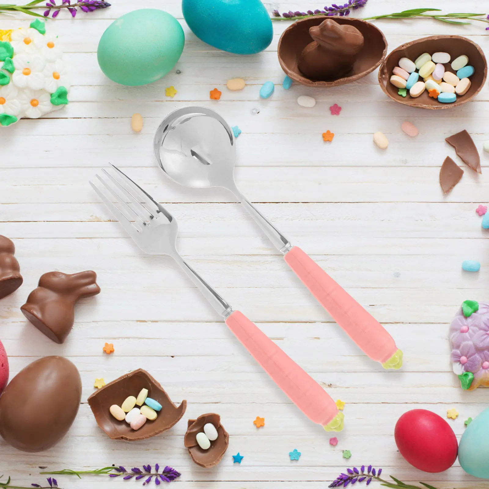 

2Pcs Easter Themed Cartoon Carrot Children's Flatware Spoon Fork Set Kids Tableware Soup Rice Dessert Eating Utensils