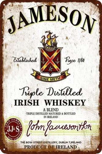 Letrero de hojalata de whisky irlandés de Jameson, arte de pared para cueva de hombre, póster artístico para Bar Pub Gara