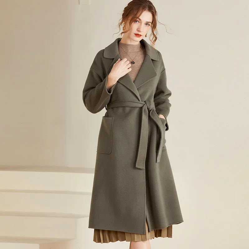 Autumn and Winter Double-Faced 100% Woolen Goods Women's Overcoat Waist-Tied Korean Style Fashionable Long Comfortable Warm Coat