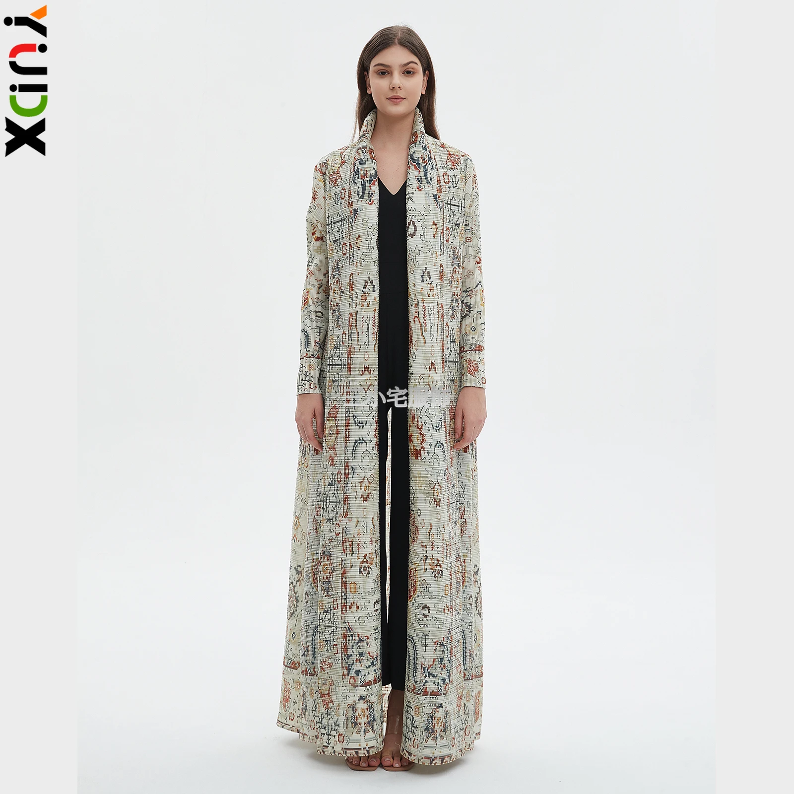 

YUDX Miyake Pleated Women's Robe Nine-minute Sleeve Vintage Printed Cardigan Loose Plus Size Long Arabic Trench 2024 Summer New