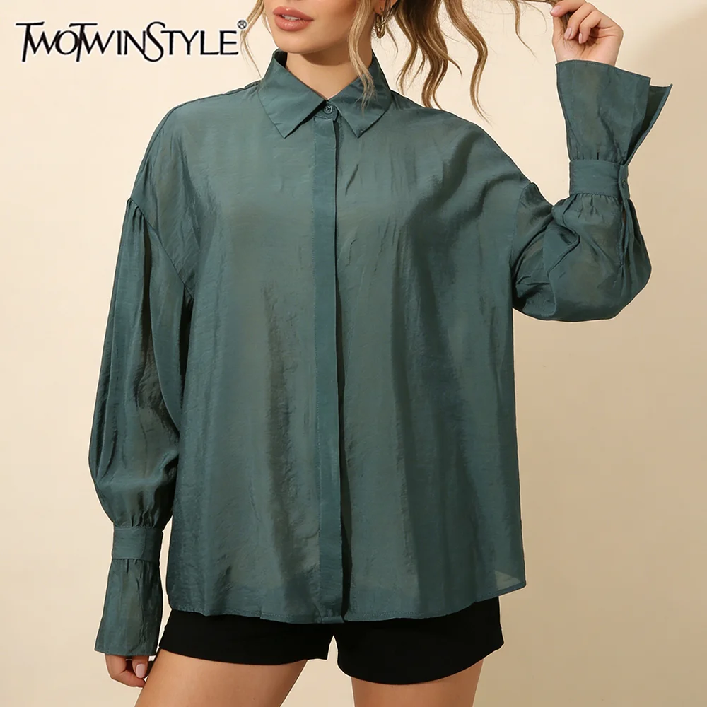 

TWOTWINSTYLE Chic Creative Offices Purple Lantern Sleeves Blouse for Women Lapel Sheer Fabric for Daily Street Style Shopping