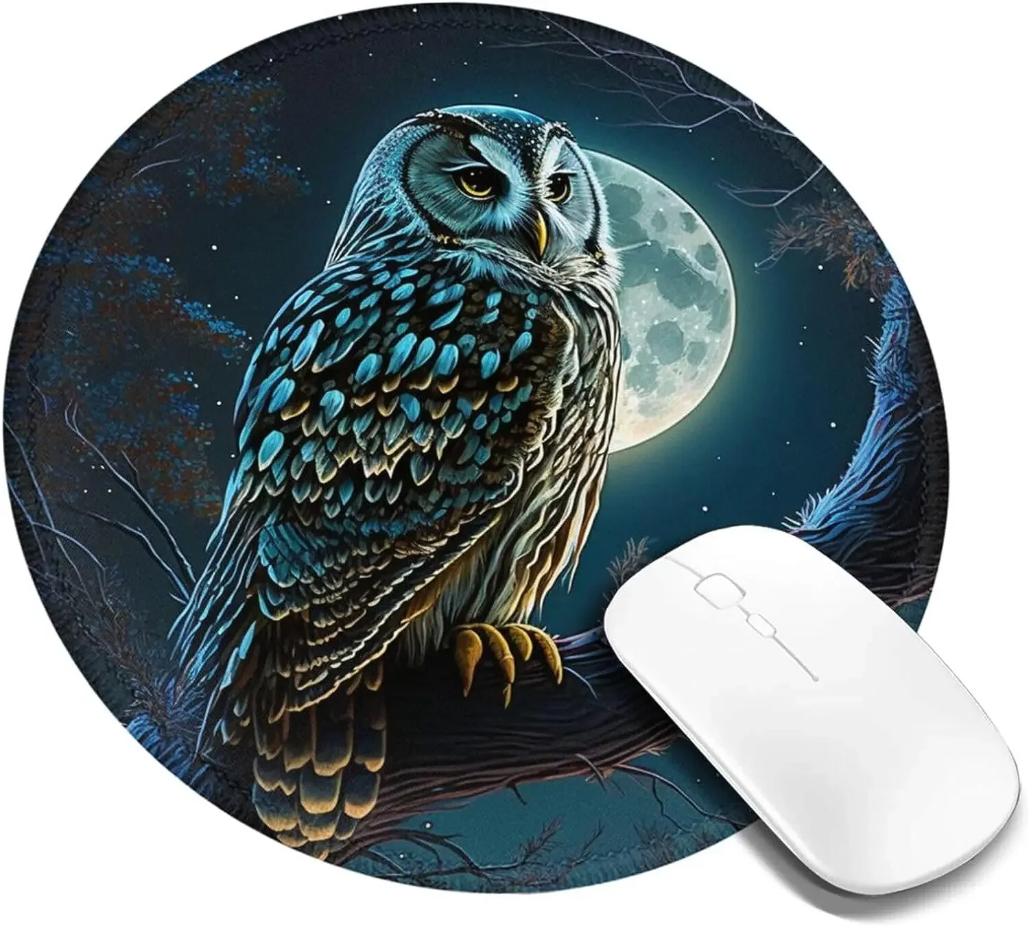 Owl Moon Night Art Funny Round Mouse Pad Mousepad  Non-Slip Stitched Edge Rubber Mouse Mat for Computer Gaming Laptop Office