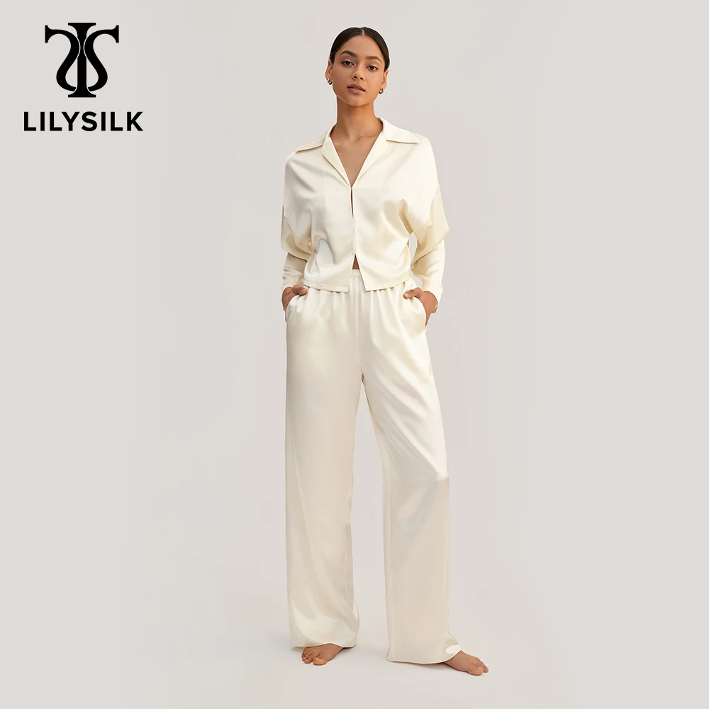 LILYSILK Women's Pure Silk Pajama Set Ladies Trendy Neutral Style Loose Fit Sleepwear Loungewear with Hook Eye and Drawstrings