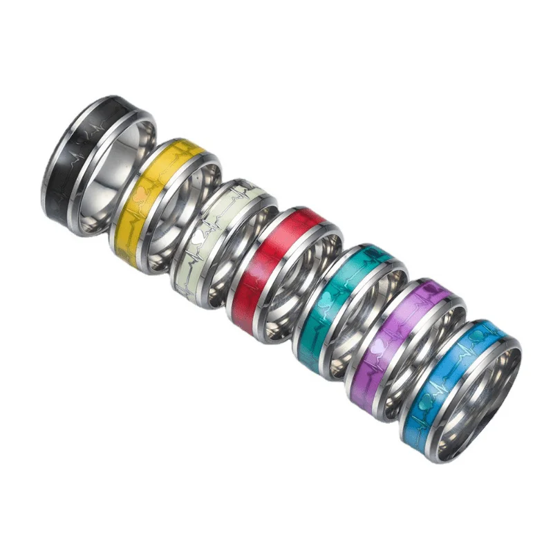 Stainless Steel Luminous Heartbeat Ring Electrocardiogram Titanium Steel Couple Ring Jewelry