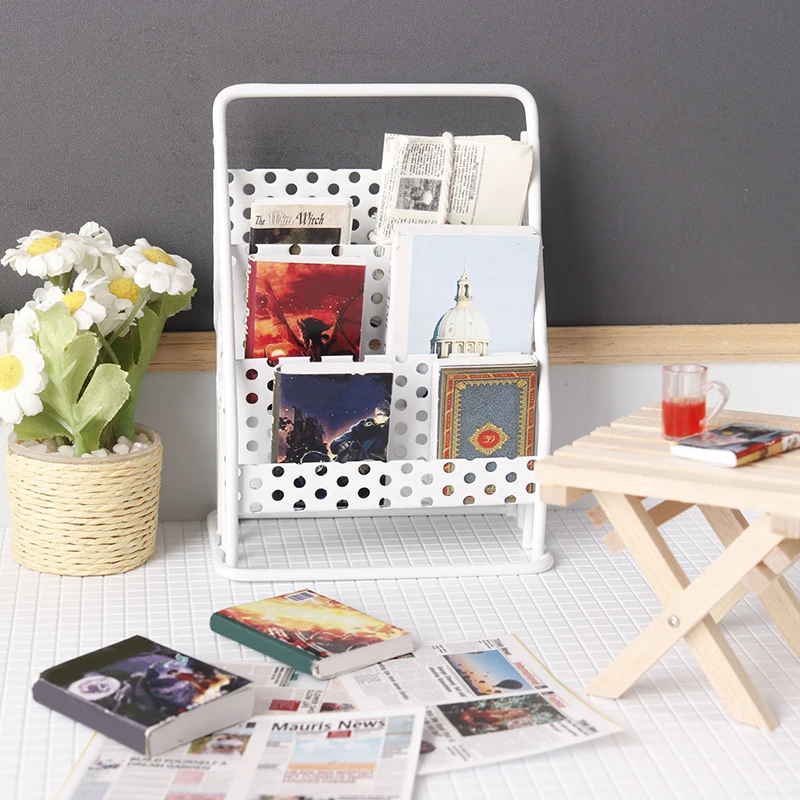 1:12 Dollhouse Iron Storage Rack Newspaper Rack Doll Miniatur Bookshelf Display Rack Furniture Home Decor Micro Scene Ornament