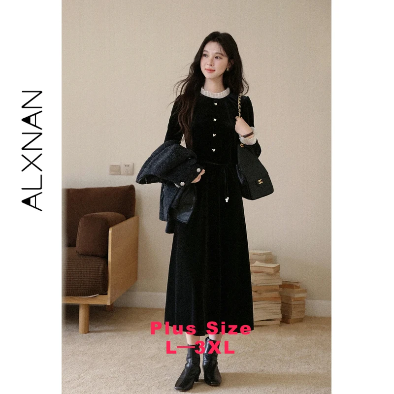 

ALXNAN Plus Size Velvet Dress Lace Patchwork Bow Buttons Waist-tie Autumn Dress Elegance A-Line Casual Ladies Long Dress D58031