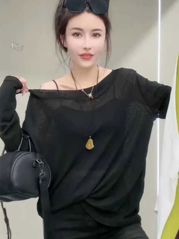 

plus Size 300 Pou Casual oulder Bared Long Sve T irt Women's Autumn Versatile Thin Top Trendy ape Pear ap...