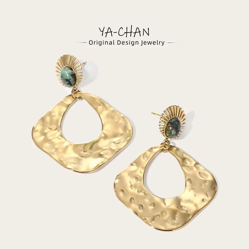 YACHAN 18K Gold Plated Stainless Steel Drop Earrings For Women Tap Texture Metal Natural Stone Dangle Earring Trendy Jewelry