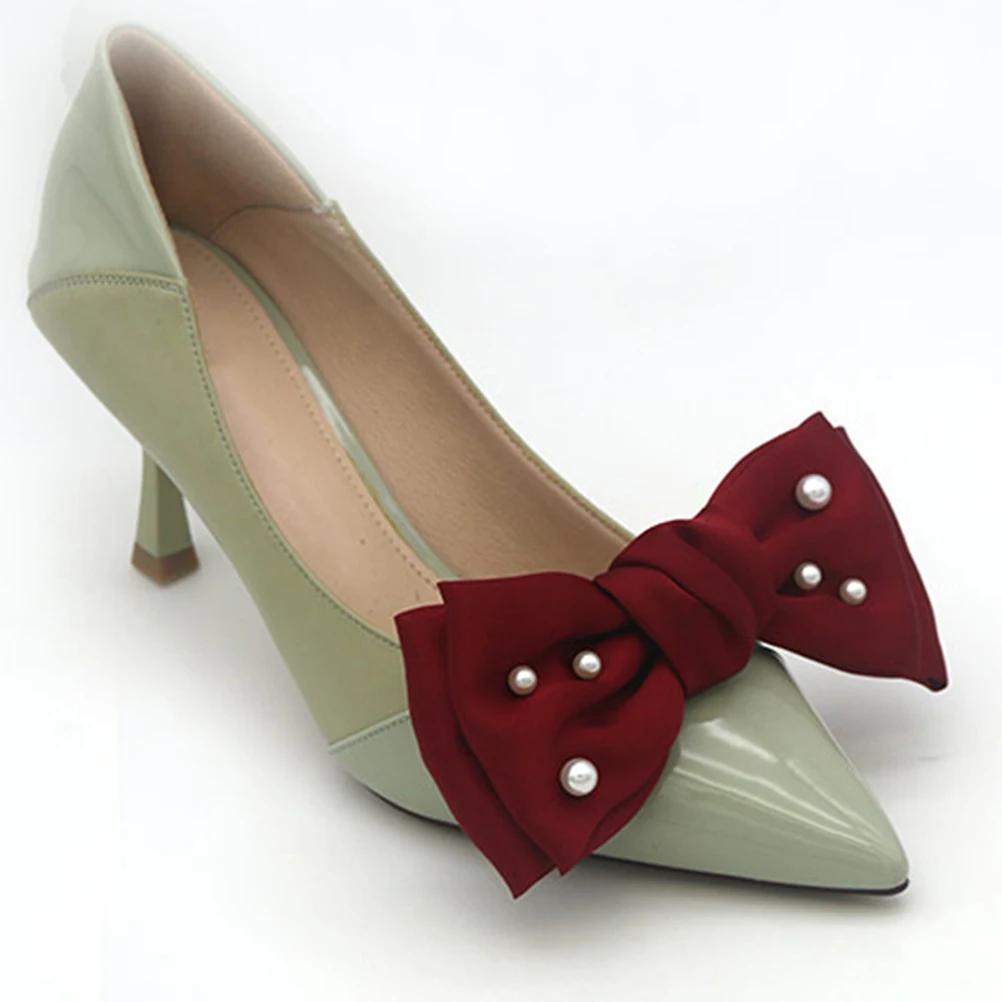 

4Pcs Bow Shoe Flower Clips Decorative Bridal Shoes 2Burgundy Reusable ABS Fabric Women Charms HighHeel Embellishments