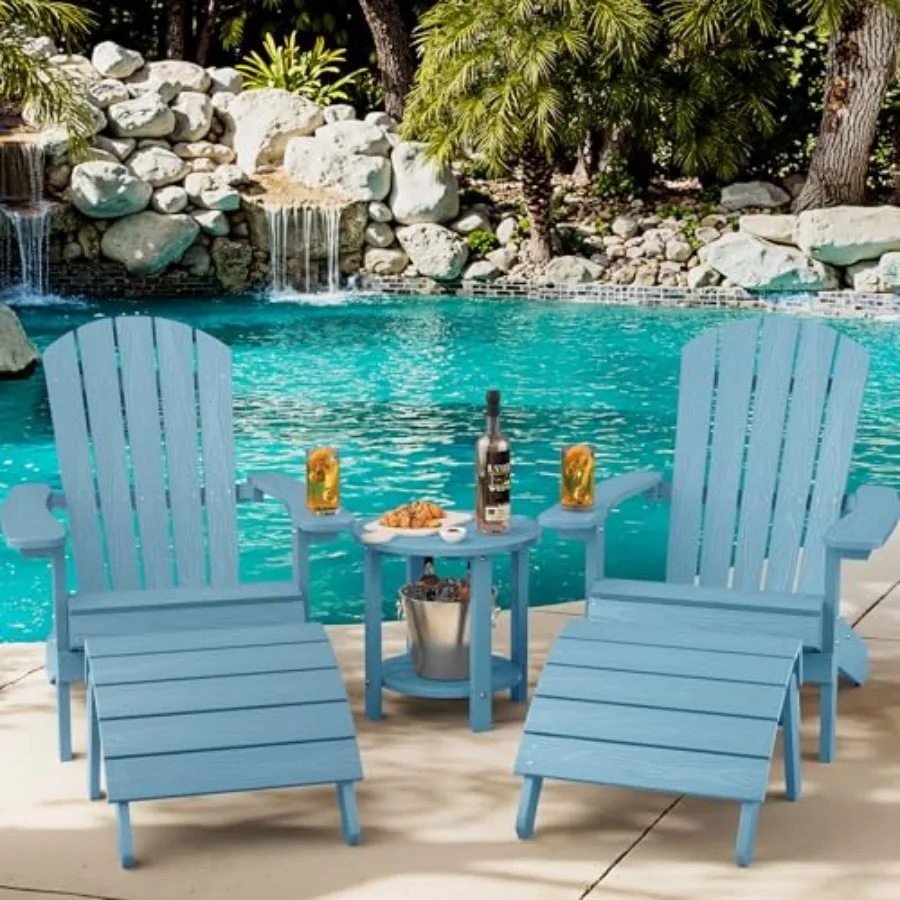 

Outdoor lounge furniture set: 5-piece Adirondack chair folding ottoman and table in weather-resistant plastic beige wide armres