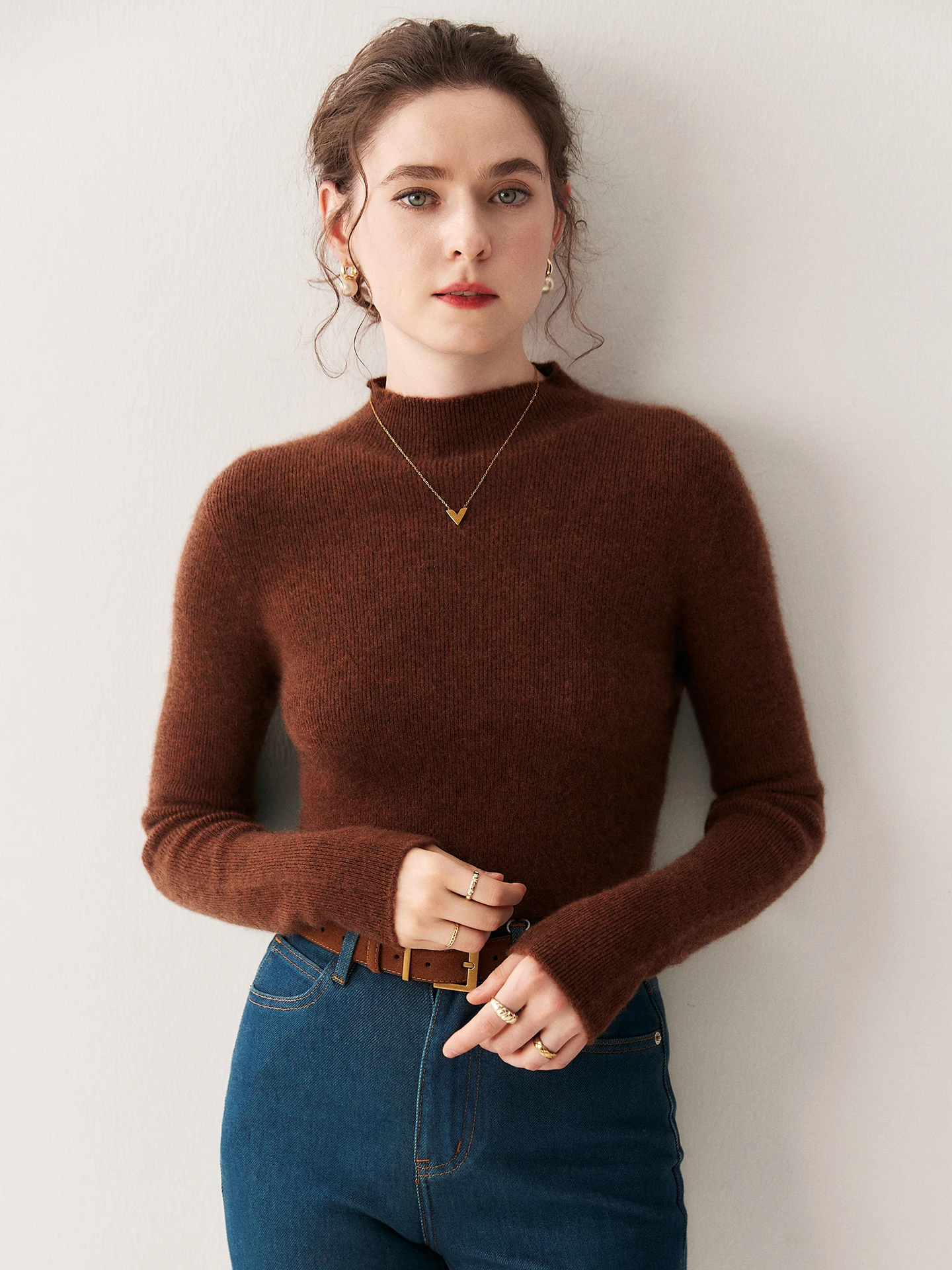 

Женский приталенный свитер с высоким воротником из шерстяной ткани, универсальный базовый слой в корейском стиле для повседневной носки