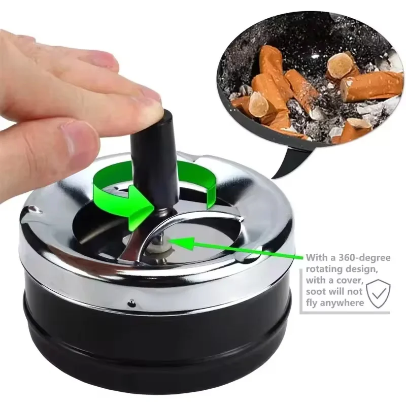 With Lid Stainless Steel Ashtray Push Down Spinning Self-Cleaning Dustproof Ash Tray Cigarette Holder Ashtray For Desktop Use