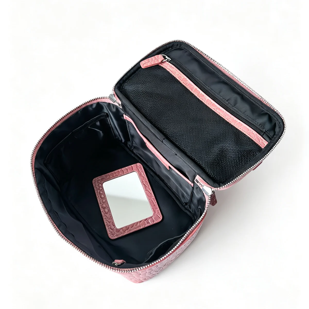Hochwertige Damen-Kosmetiktasche aus Rindsleder mit Krokodilprägung, Reise-Set mit integriertem Spiegel, große Kosmetiktasche – Detail 10