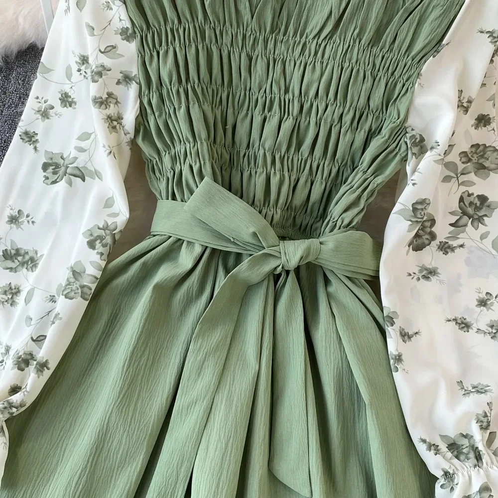 2024 New  Chic Fashion Floral Print Long Sleeves Women Dress  Elegant Vintage Bandage Slim Waist Party Vestidos Streetwear