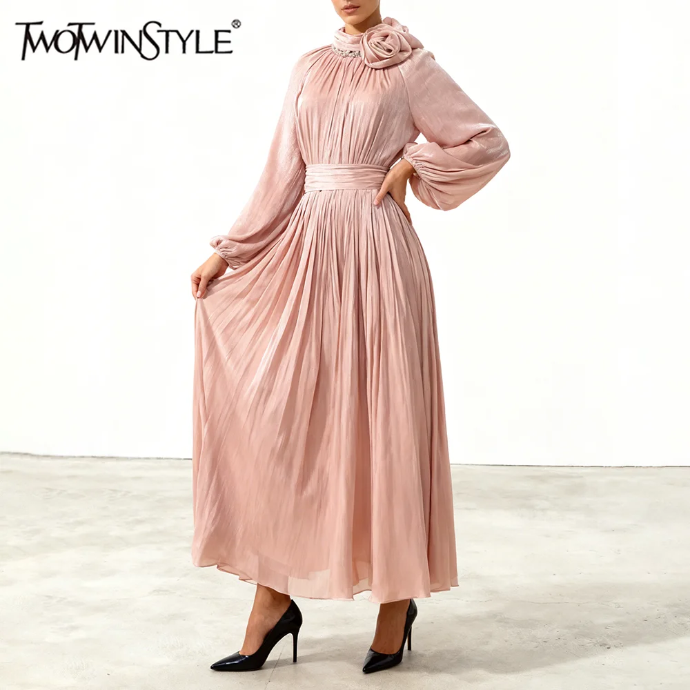 

TWOTWINSTYLE Solid Spliced Shirring Elegant Dresses for Women Stand Neck Long Sleeves Tunic Patchwowrk 3D Flower Dress Female