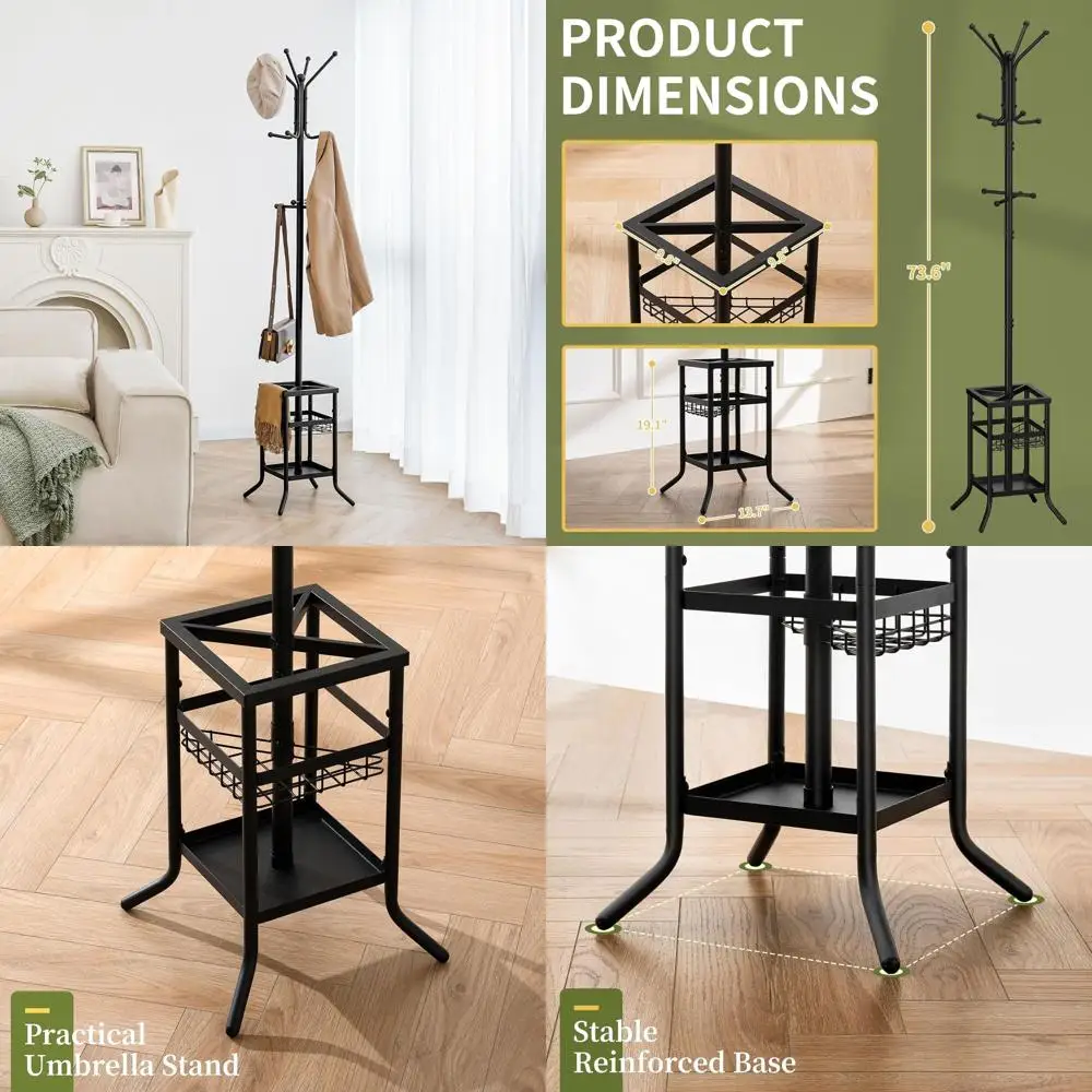 

Metal Coat Rack with Umbrella Holder and 12 Hooks for Entryway, Living Room, or Bedroom