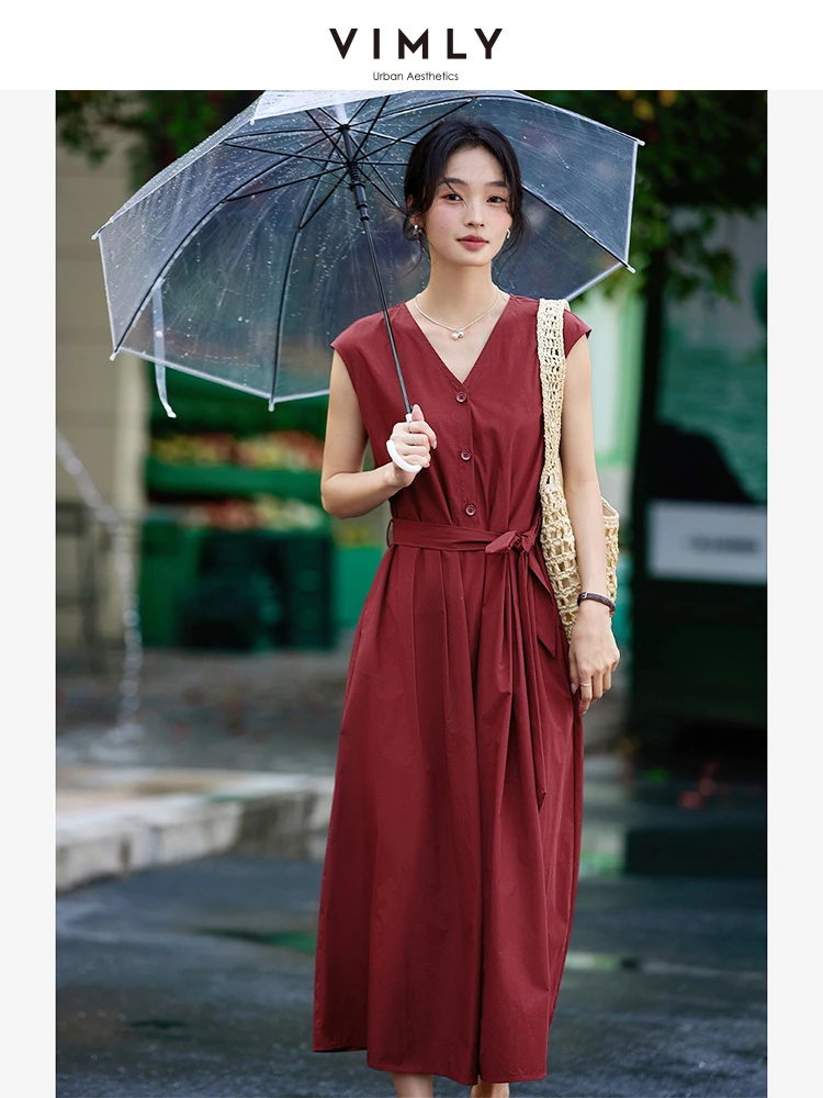 

VIMLY French Elegant Sleeveless Summer Dress Women 2025 V-neck Tied Corset Waist Flared Long Dresses Ladies Female Clothes A1808