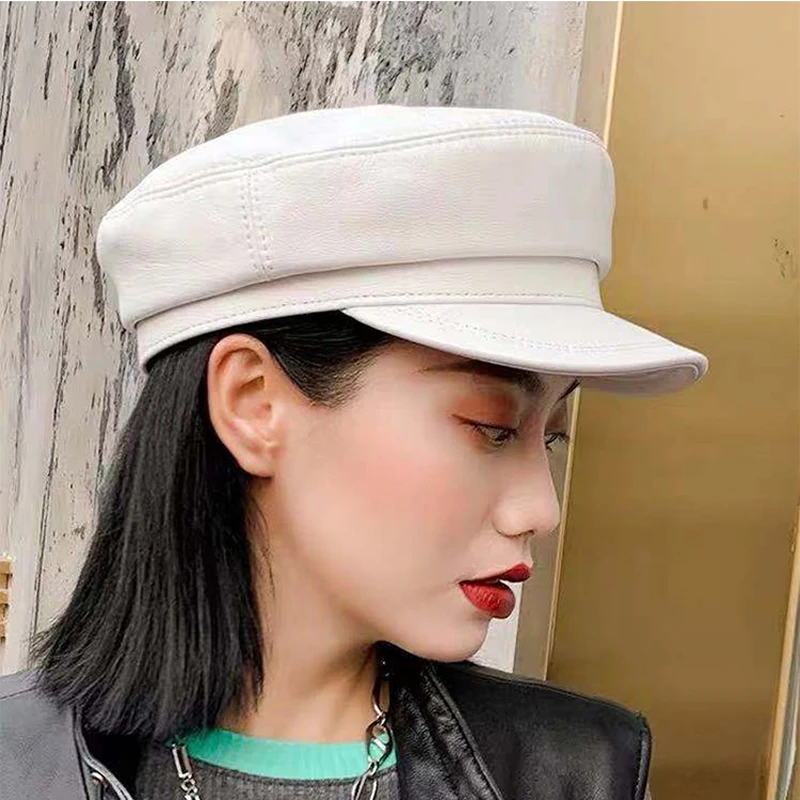 Military Hat Men Women European/American Fashion Genuine Leather Caps Male Casual White/Black Flat Top Navy Army Hat