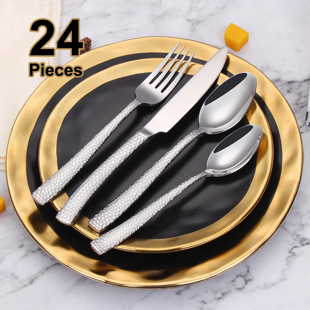 24Pcs Gold Cutlery Complete Stainless Steel Luxury Tableware Sliver Dinner Set Mirror Fish Scale Pattern Knife Fork Spoon