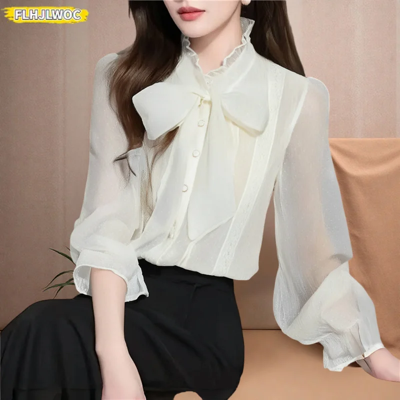 

Bow Tie Tops Women Korean Style Design Clothes Flare Sleeve Elegant Office Lady Cute Ribbon Sweet Basic Lace Shirts Blouses