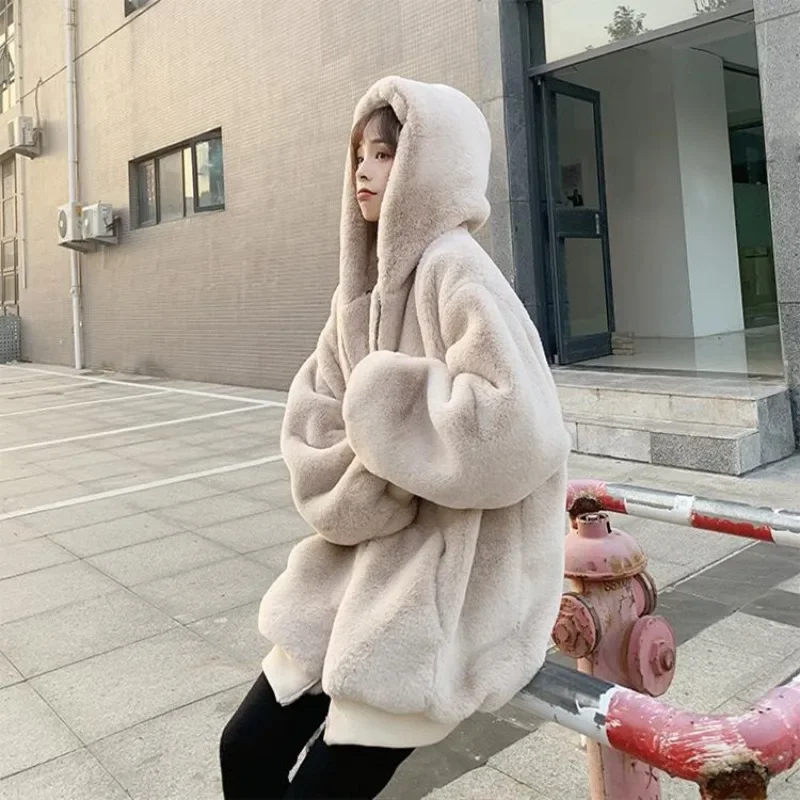 

Women's Autumn Winter Faux Fur Coats and Jackets Women Fluffy Hoodies Coat Y2k Hooded Oversized Outerwear Overcoat Thick Jacket