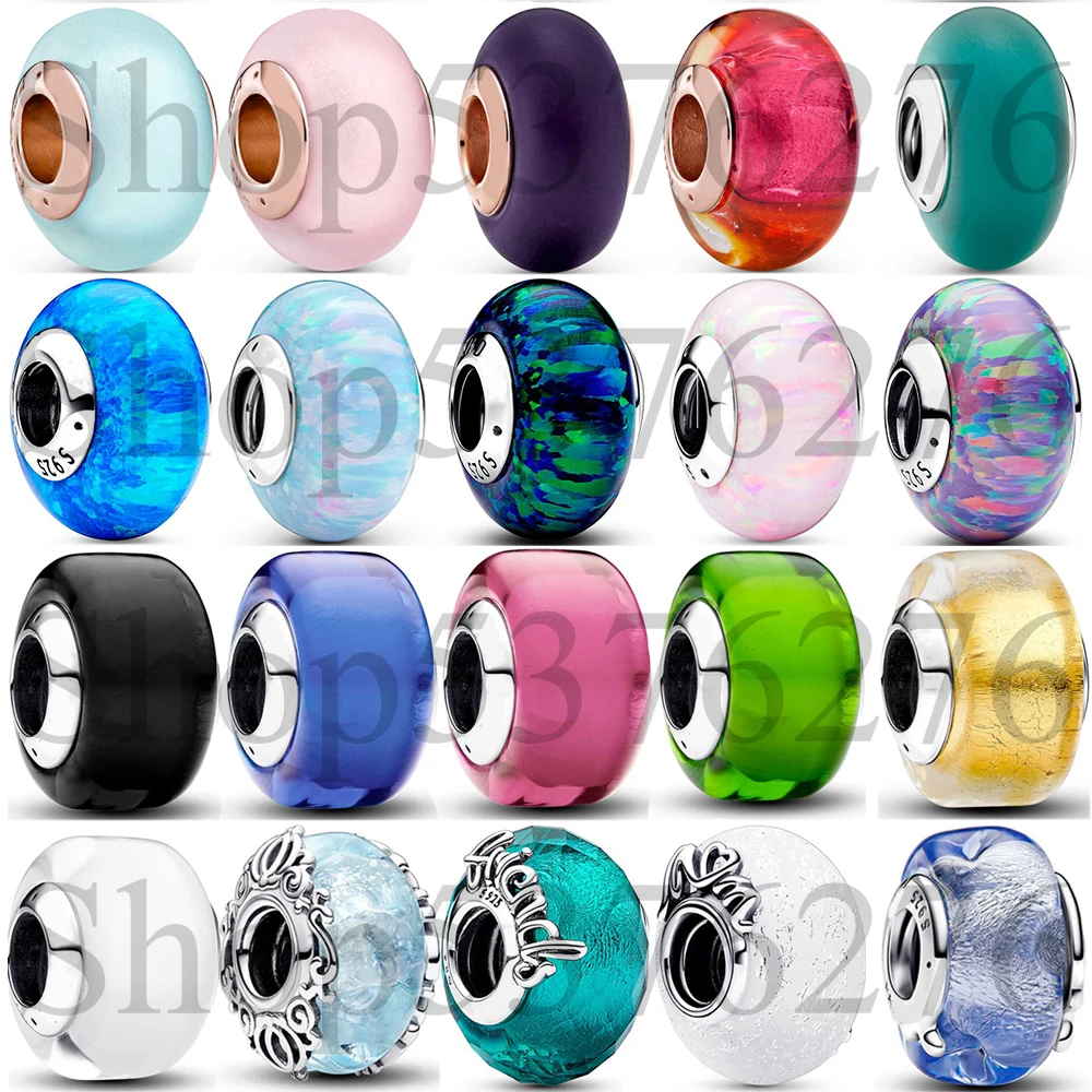 

925 Sterling Silver Bead Opalescent Ocean Wavy Rose Matte Murano Glass Charm Fit Fashion Women Bracelet Bangle Gift DIY Jewelry