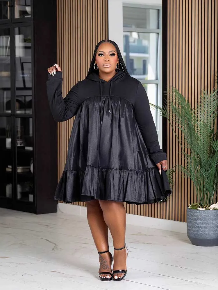 Women Plus Size Casual Autumn Dresses Patchworksweet  Preppy Hooded Dresses Knee Length Loose Waist Dress Wholesale Dropshipping
