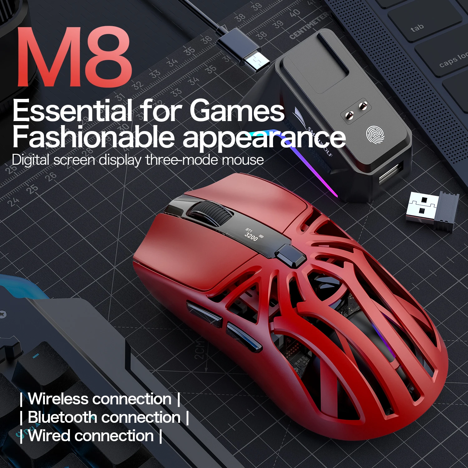 SMAILWOLF M8 Mouse Nirkabel Bluetooth Tri-Mode Ringan PAW3311 Gaming RGB Pengisian Daya Magnetik 12000dpi Mouse Gaming