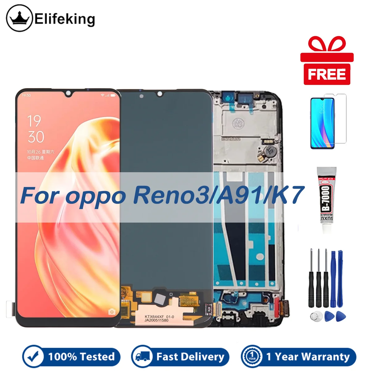 

Display For OPPO Reno3 / A91 / K7 LCD With Touch Screen Digitizer Assembly Reno 3 4G CPH2043 Replacement with Screwdrivers Glue