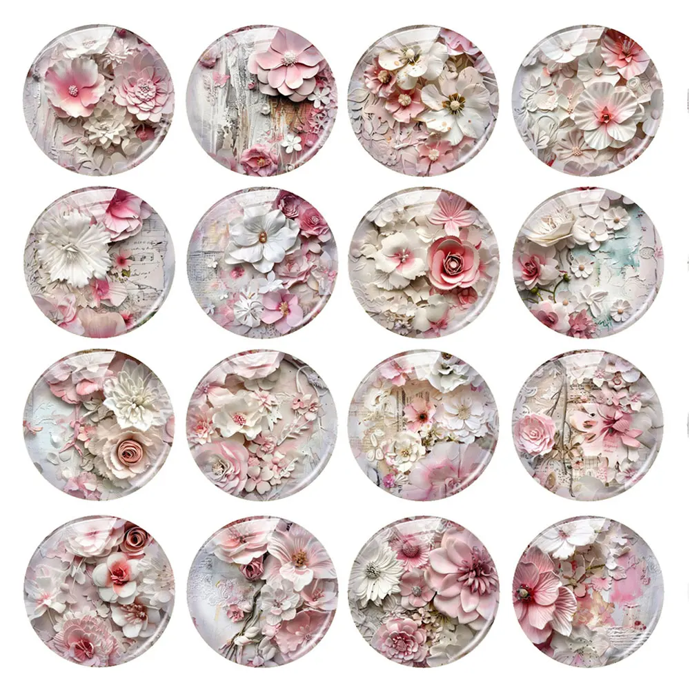 

Handmade Pink White Peony Flower Round Photo Glass Cabochon Flatback Demo Flat Back Cameo For Diy Jewelry Making