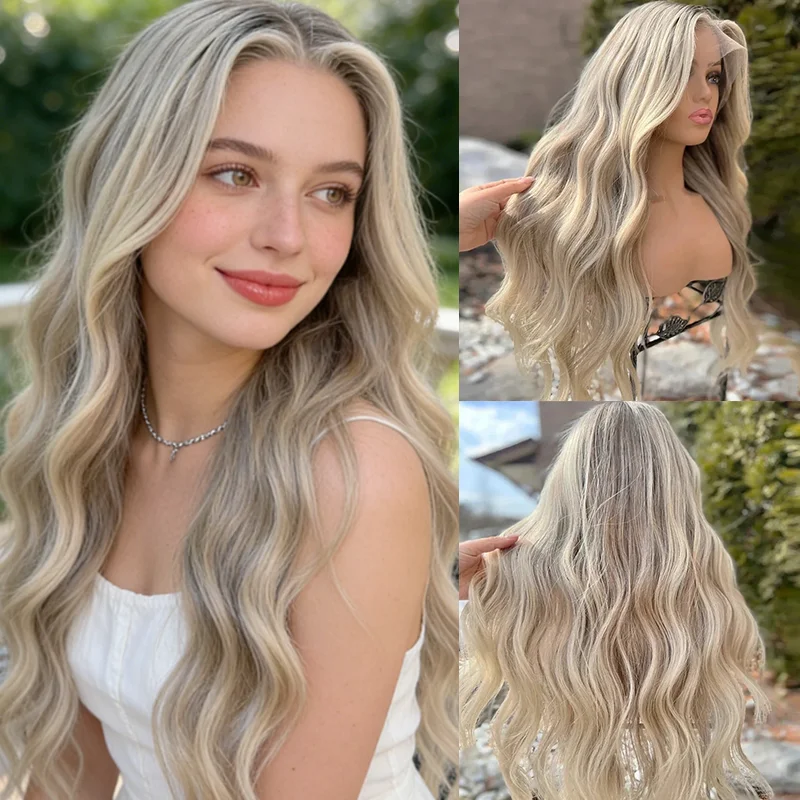 26Inchs Long Loose Wave Synthetic Wig Mixed Ash Brown Platinum Blonde Color Ombre Lace Front Wigs for Women Blend European Hair