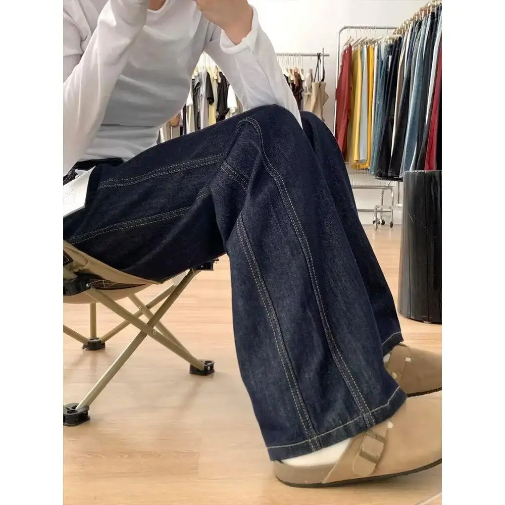 

Темно-синие прямые джинсы, женские свободные расклешенные брюки, осенние новые брюки для полной сестры, груши, ape, с высокой талией и широкими штанинами