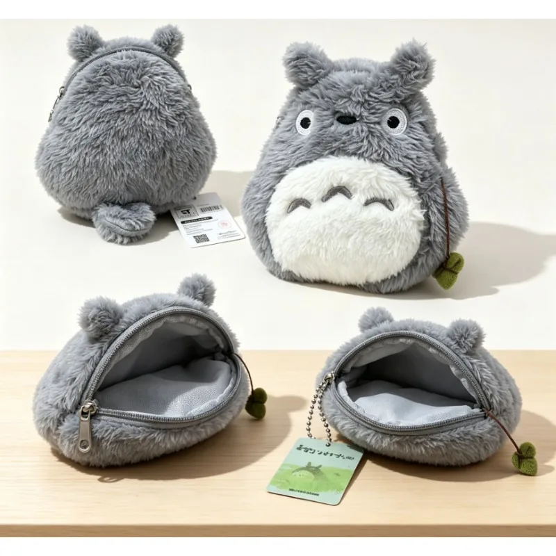 Cute Totoro Coin Purse Key Chain Soft Plush Zipper Small Wallet for Teens Girls Women Kawaii Data Cables ears Bag Key Pouch view 2