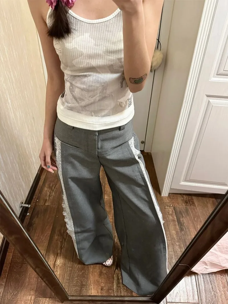 Pantalones informales de retazos de encaje para mujer, ropa de moda de estilo americano, Retro, gris, para primavera, 2024