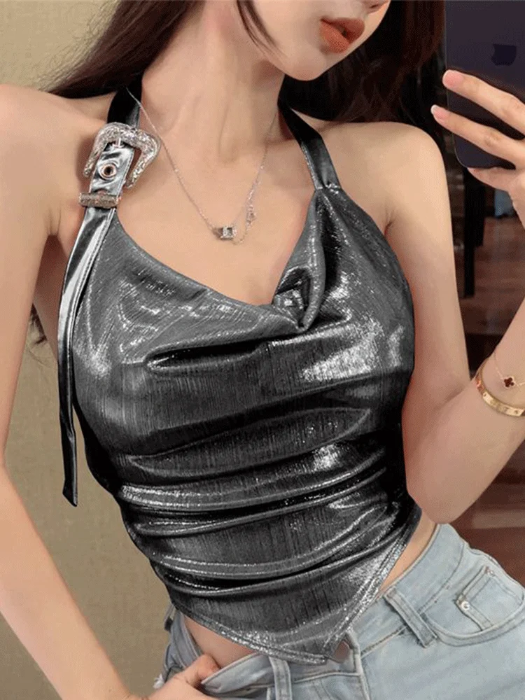 

Women Silver Tank Tops Shiny Sleeveless Summer Slimming Camis Sexy Buckle Backless Vest Korean Fashion Casual Kpop Crop Tops