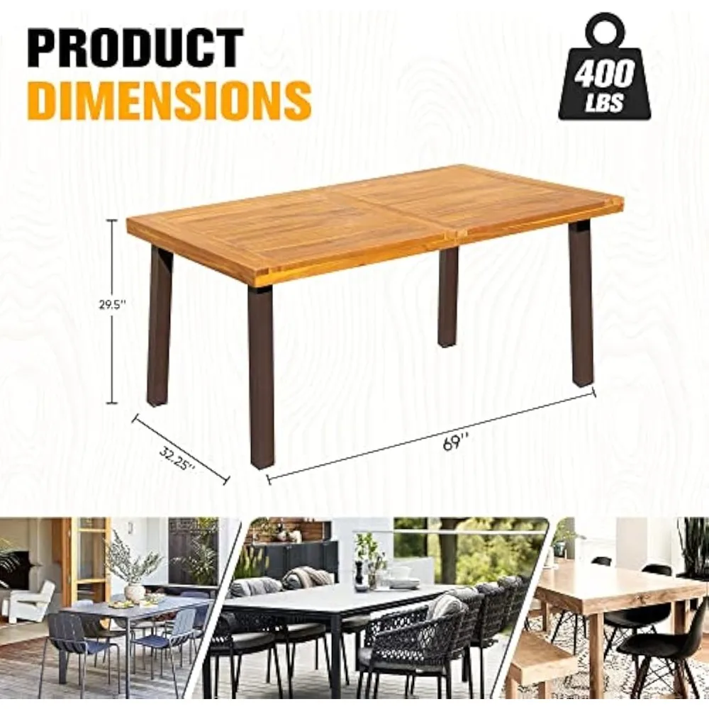 Dining Table for 6 FSC Acacia Wood Indoor Outdoor Home Kitchen Table with Iron Legs Large Rectangular Patio Table for Deck