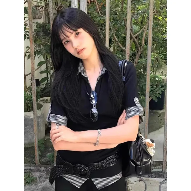 

American Preppy Style Fake Two T-shirts Y2K Shirt Plaid Print Patchwork Casual Tees Women's Hottie Casual Tops Popular Blouse