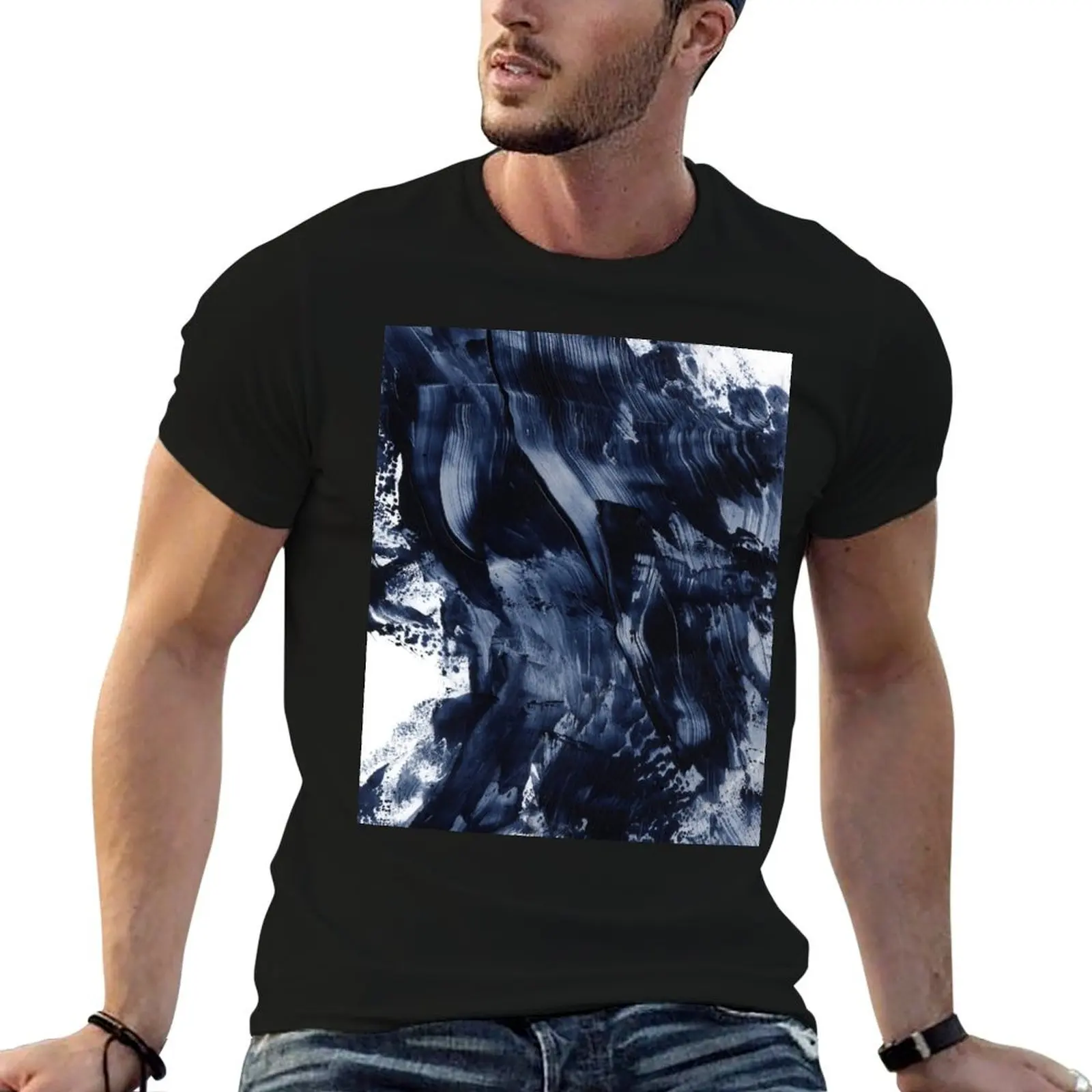 

Dark Blue Gray Acrylic Abstract Painting T-Shirt for a boy oversized t shirt Aesthetic clothing Men's cotton t-shirt