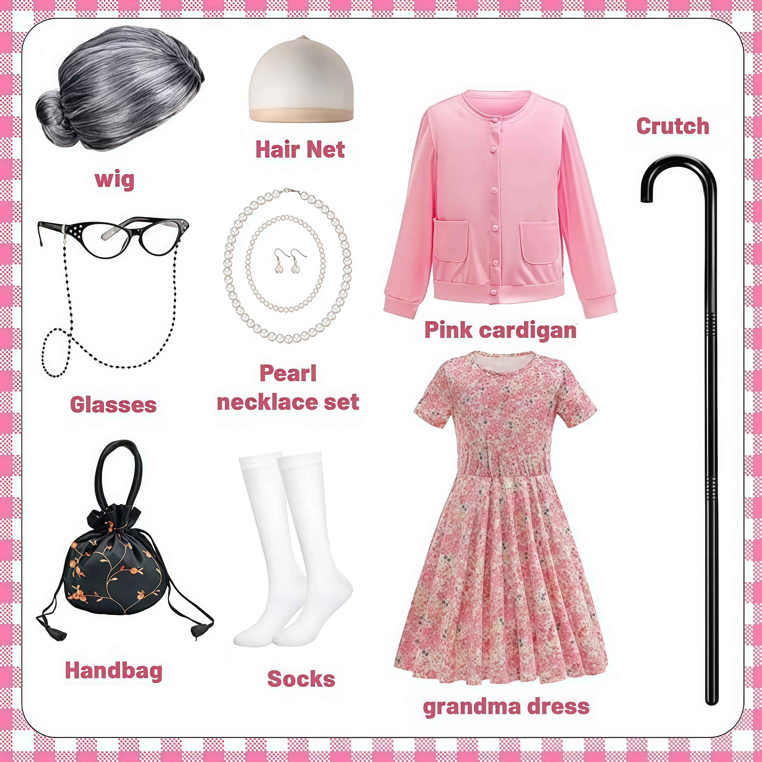 Old Lady Costume for Kids 100 Days of School Grandma Wig Necklace, earrings, glasses, socks, bag Sets for Girls Granny Dress Up