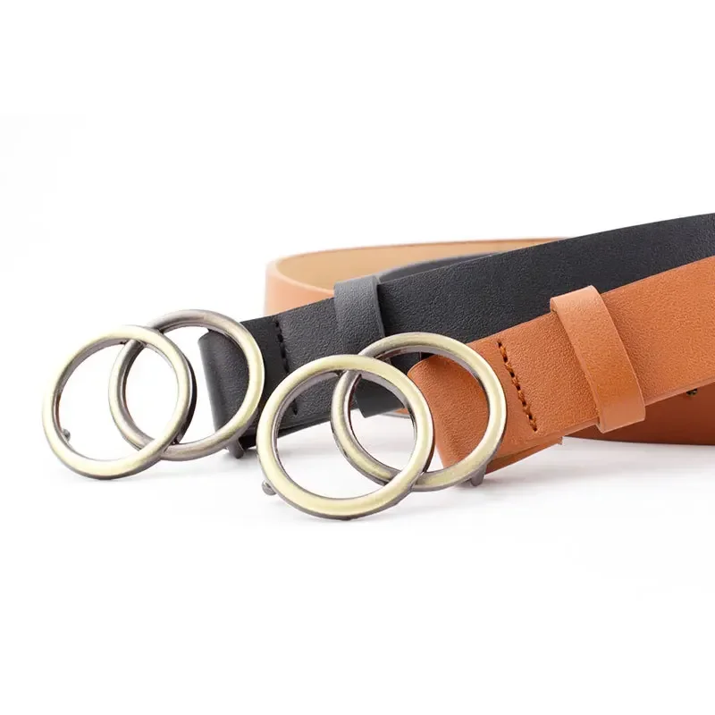 2.8 X105cm Women Fashion Double Ring Circle Metal Buckle Belt Wild Waistband Ladies Leather Straps Belts for Leisure Dress Jeans