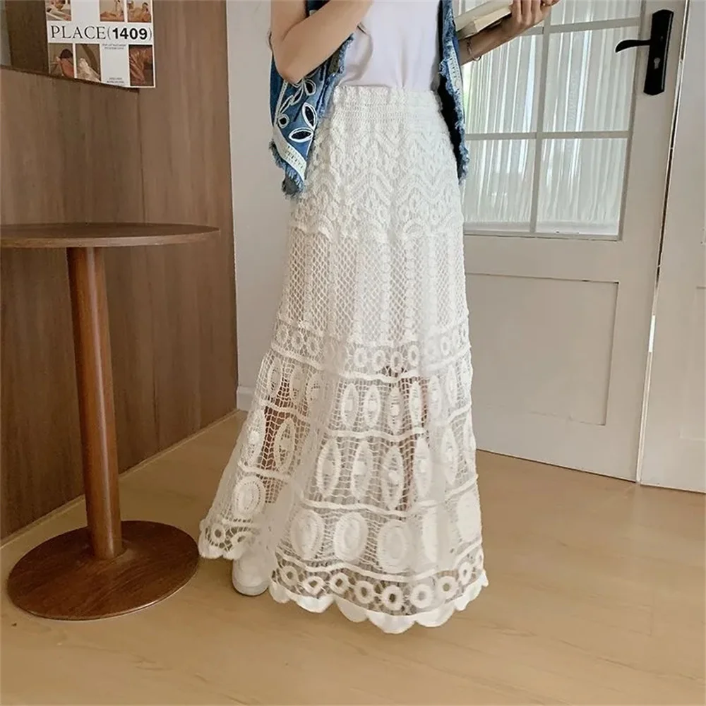Vintage Bohemian Pure Cotton Embroidered Hollow Out Floral Skirt Women Summer Holiday Full A- Line Skirt Sweet Hook Design Solid