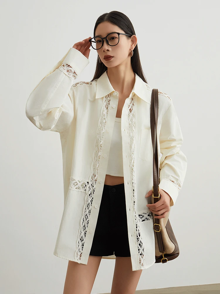 

Women White Lace Shirt Loose Fit Blouse Long Sleeve Casual Elegant Top Oversized Button Down Shirt Fashion Chic Womens Clothing
