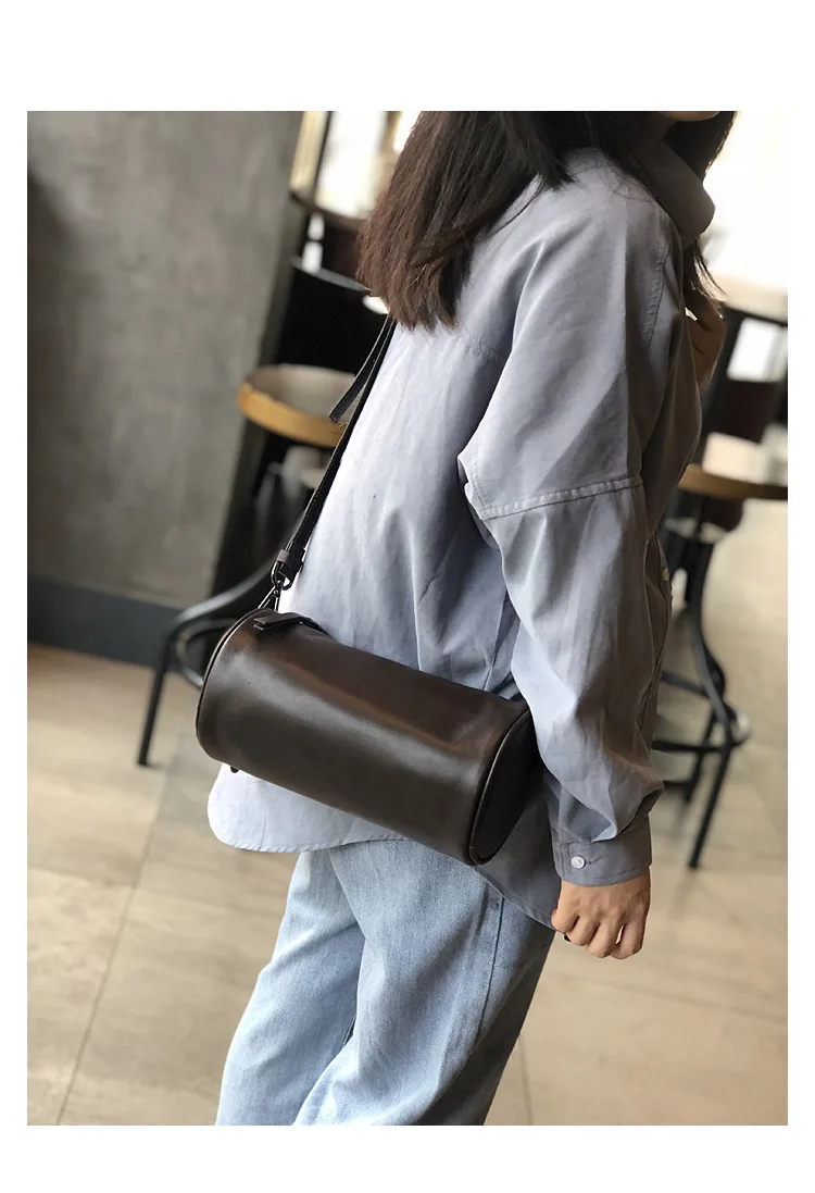 Cylinder Bag Leather Casual Soft Leather Crossbody Bucket Bag Luxury Brand Women  Shoulder Bag Ins Retro Style