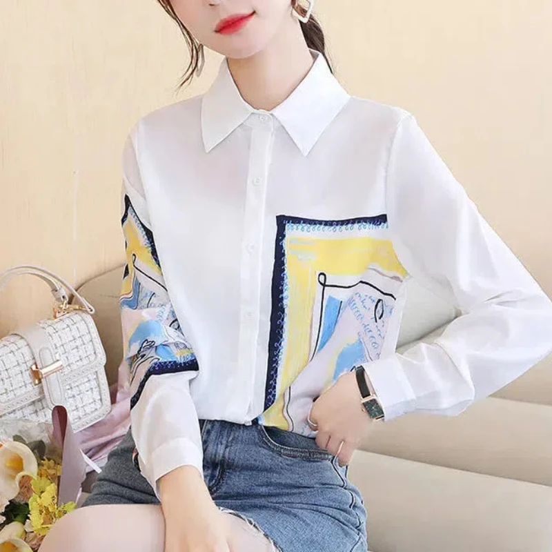 

Spring Autumn Patchwork Women's Clothing Long Sleeve Turn-down Collar Geometric Printing Button Up Cardigan Shirt Commute Tops