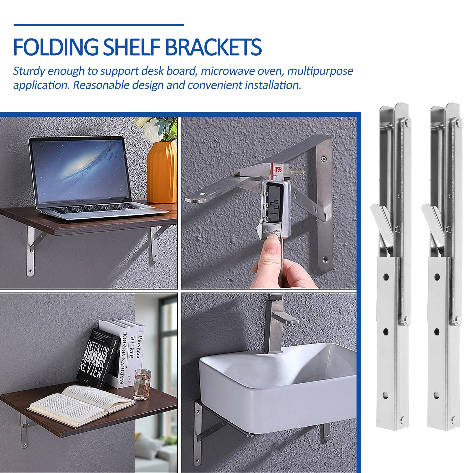 

2Pcs Stainless Steel Triangle Brackets Foldable Shelf Supports Wall Mount Heavy Duty Collapsible Rack Easy Installation