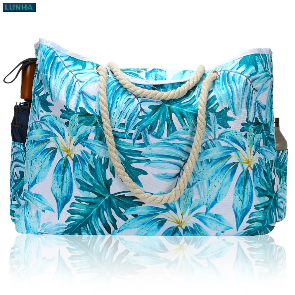 Unisex Cartoon Stripe Print Waterproof Beach Tote Large Oxford Shoulder Bag with PEVA Lining Multi-Pocket Summer Travel Shopper